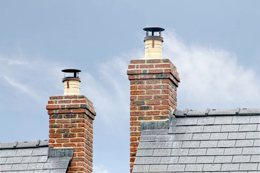 Brick chimney stacks on a slate roof where lead flashing takes the thermal strain