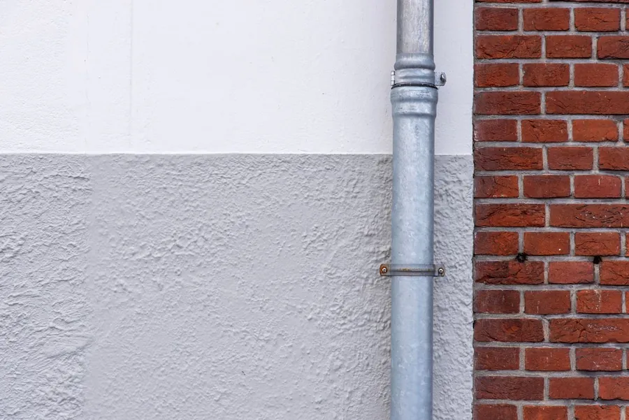 Galvanised rainwater downpipe on a brick wall, the kind serving flat roof outlets on Croydon houses