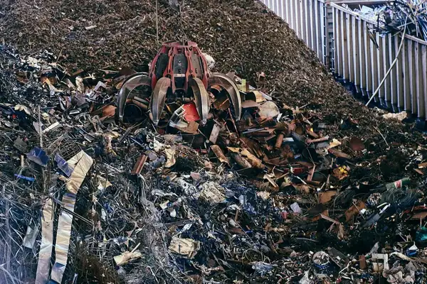 A mechanical grab lifting scrap metal at a recycling yard, where stolen roof lead usually ends up