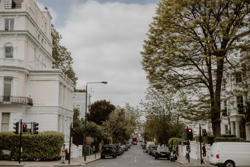 Tree-lined London street of tall Victorian houses