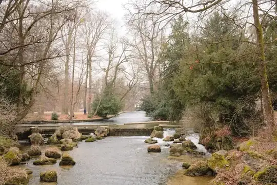 Shallow river running over stones through a wooded park in winter